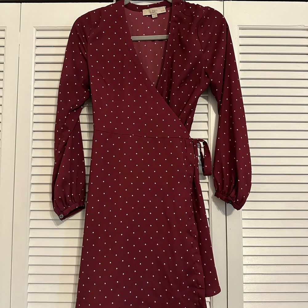 LOFT Burgundy Wrap Dress with Star print